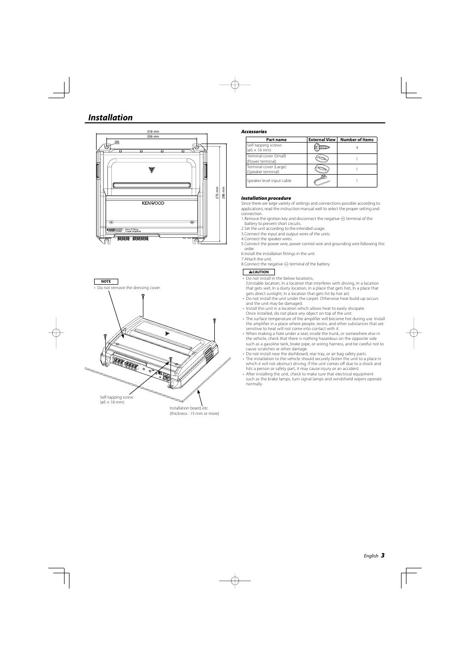 Installation | Kenwood KAC-8103D User Manual | Page 3 / 20