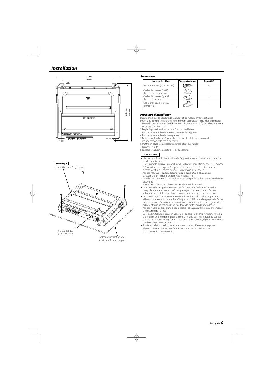 Installation | Kenwood KAC-8103D User Manual | Page 9 / 20