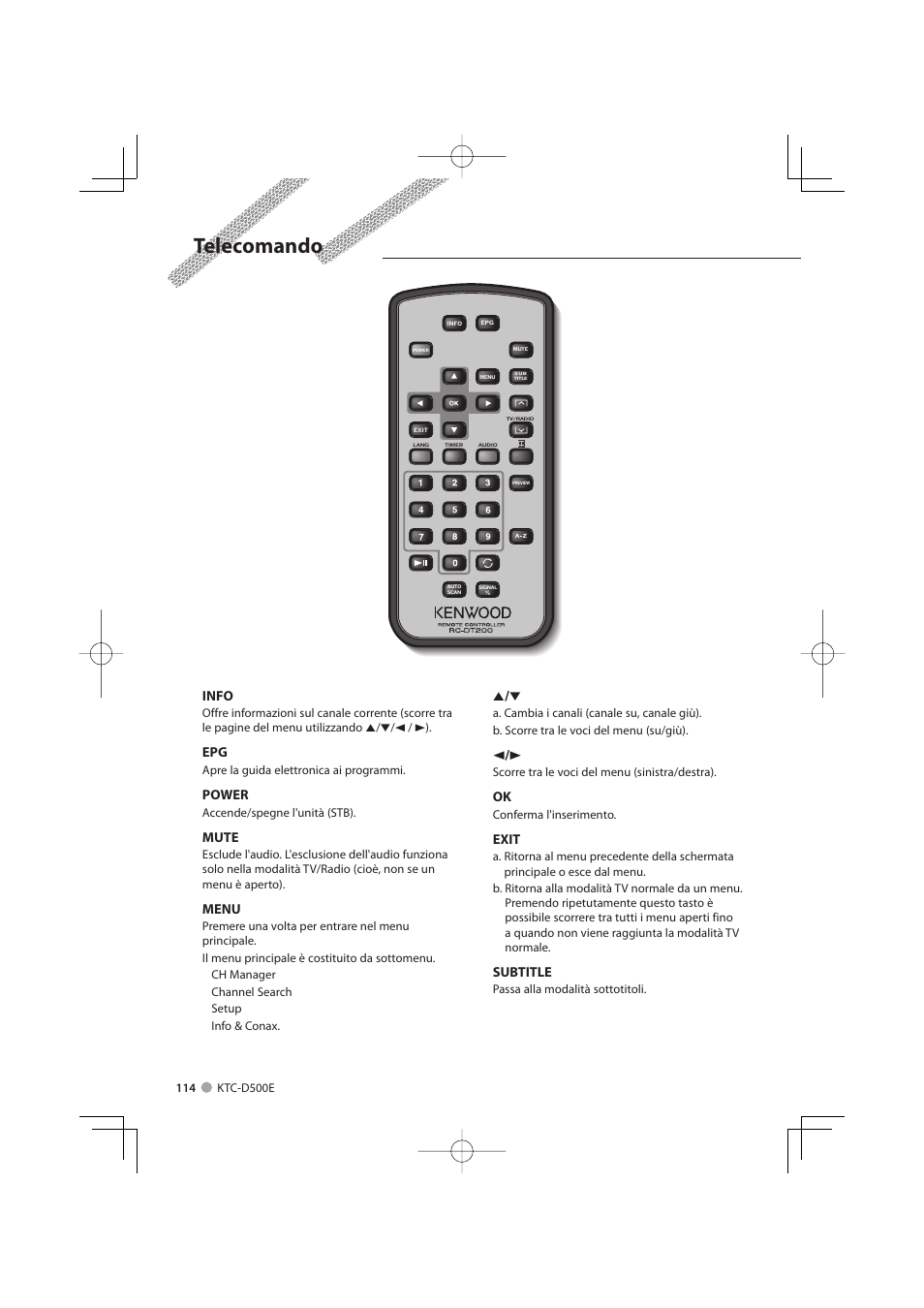 Telecomando, Info, Power | Mute, Menu, Exit, Subtitle | Kenwood KTC-D500E User Manual | Page 114 / 172