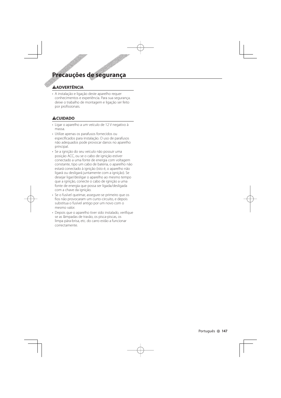 Precauções de segurança | Kenwood KTC-D500E User Manual | Page 147 / 172