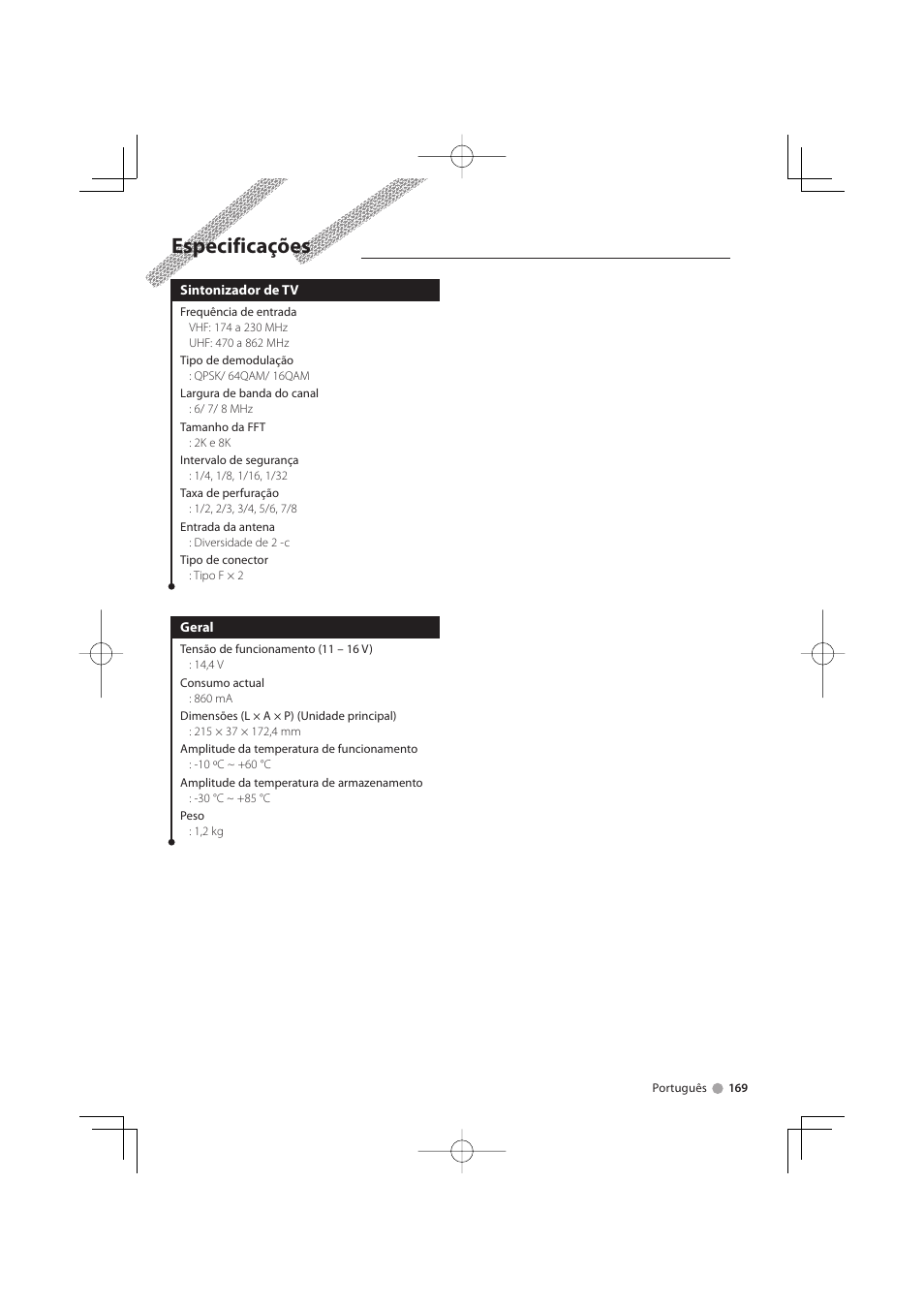 Especificações | Kenwood KTC-D500E User Manual | Page 169 / 172