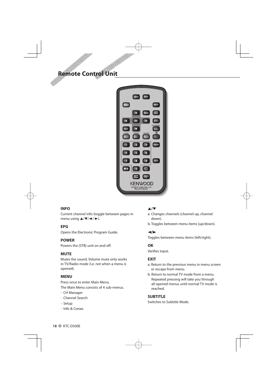 Remote control unit, Info, Power | Mute, Menu, Exit, Subtitle | Kenwood KTC-D500E User Manual | Page 18 / 172