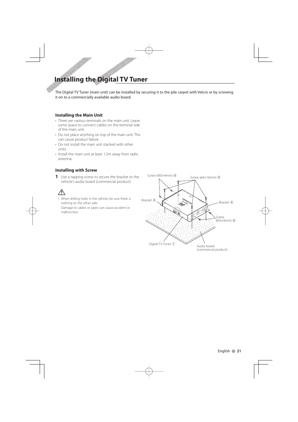 Installing the digital tv tuner | Kenwood KTC-D500E User Manual | Page 21 / 172