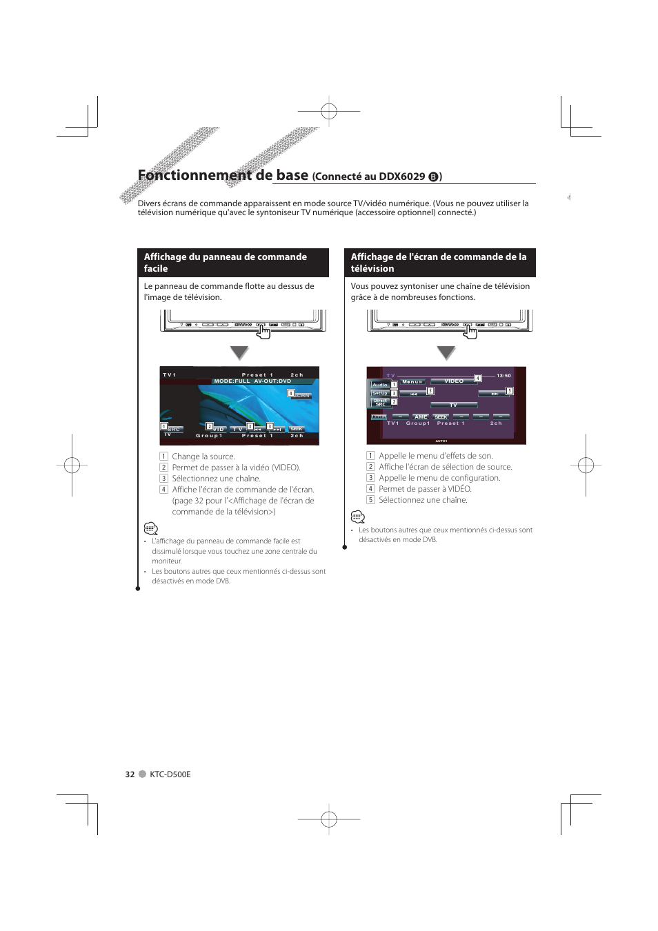 Fonctionnement de base, Connecté au ddx6029 ı ), Affichage du panneau de commande facile | Affichage de l'écran de commande de la télévision | Kenwood KTC-D500E User Manual | Page 32 / 172