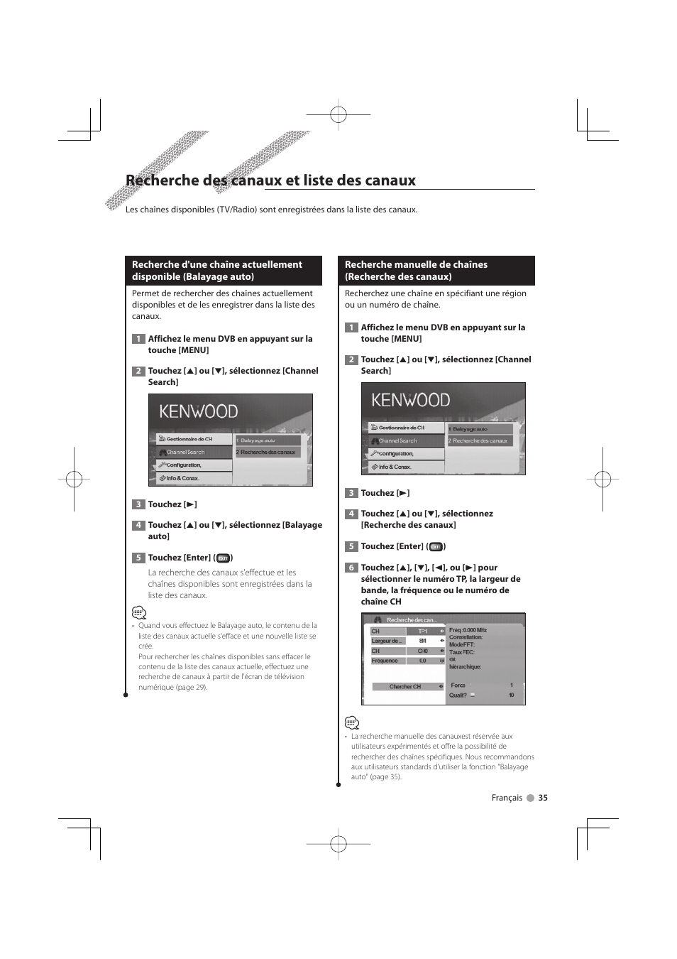 Recherche des canaux et liste des canaux | Kenwood KTC-D500E User Manual | Page 35 / 172