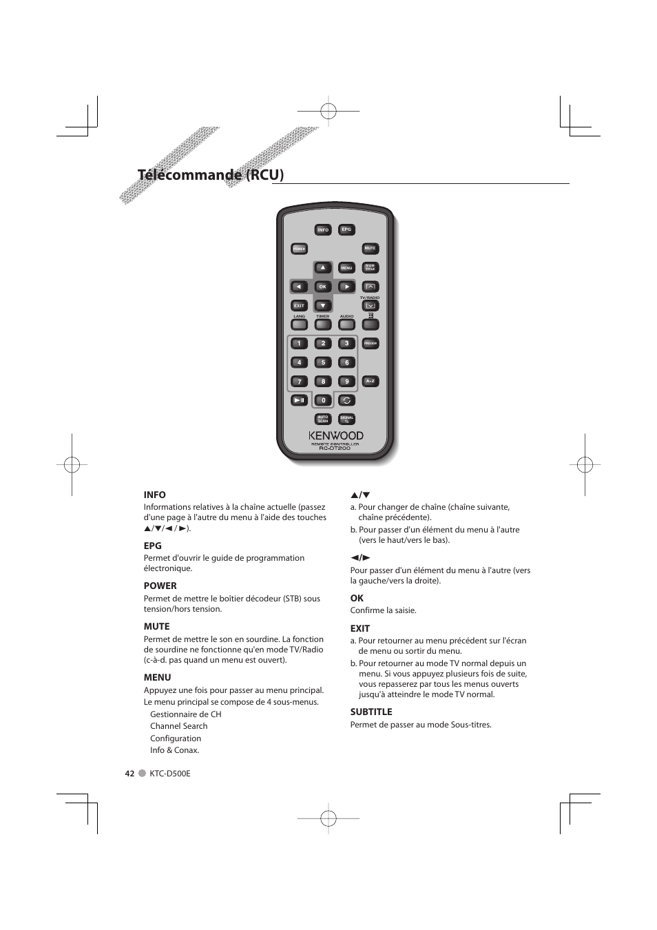 Télécommande (rcu), Info, Power | Mute, Menu, Exit, Subtitle | Kenwood KTC-D500E User Manual | Page 42 / 172