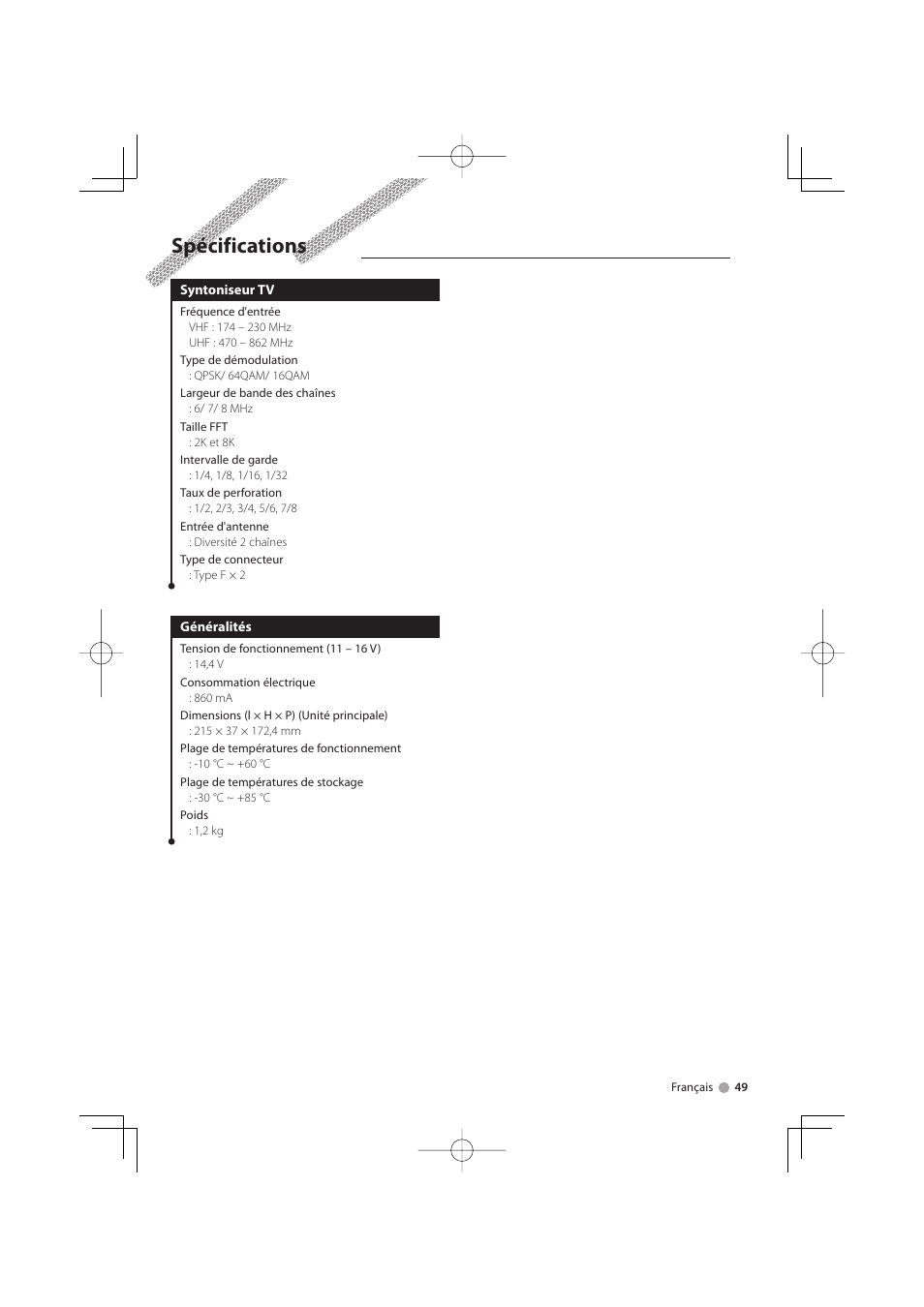 Spécifications | Kenwood KTC-D500E User Manual | Page 49 / 172