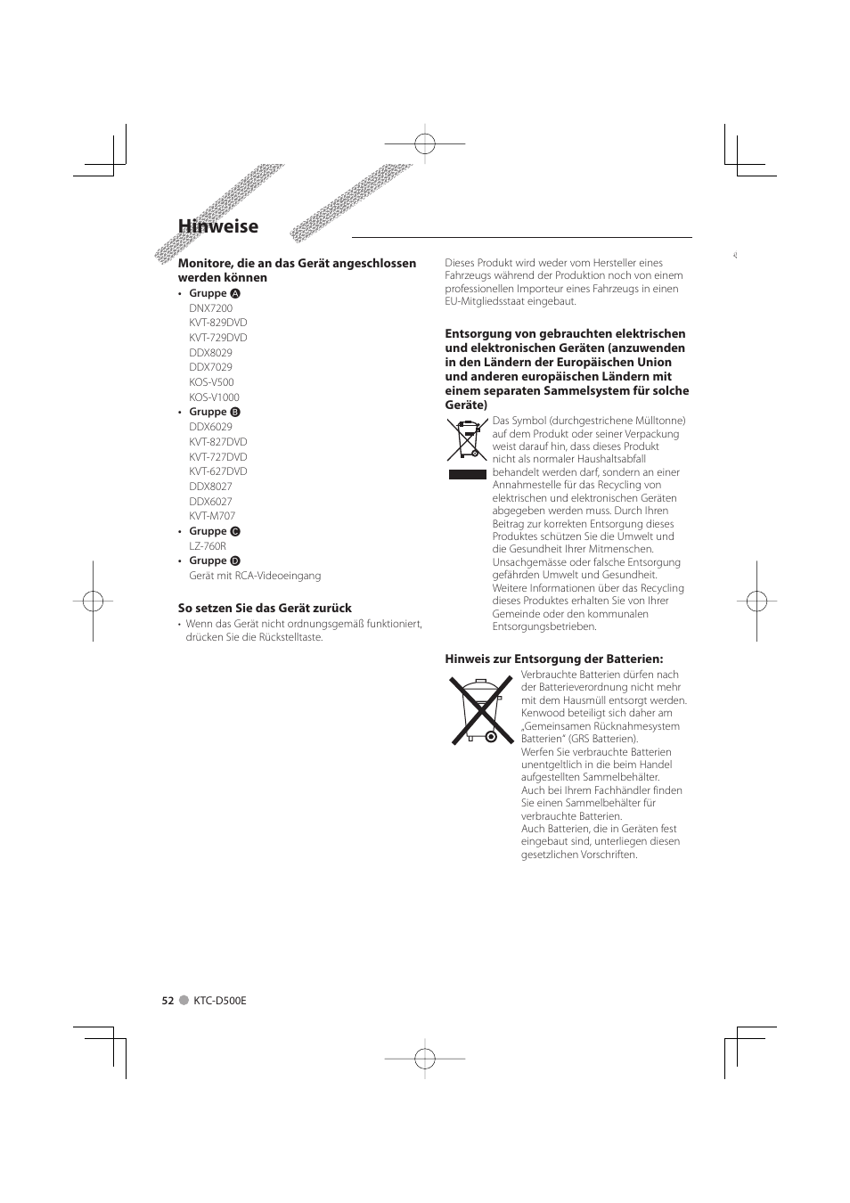 Hinweise | Kenwood KTC-D500E User Manual | Page 52 / 172