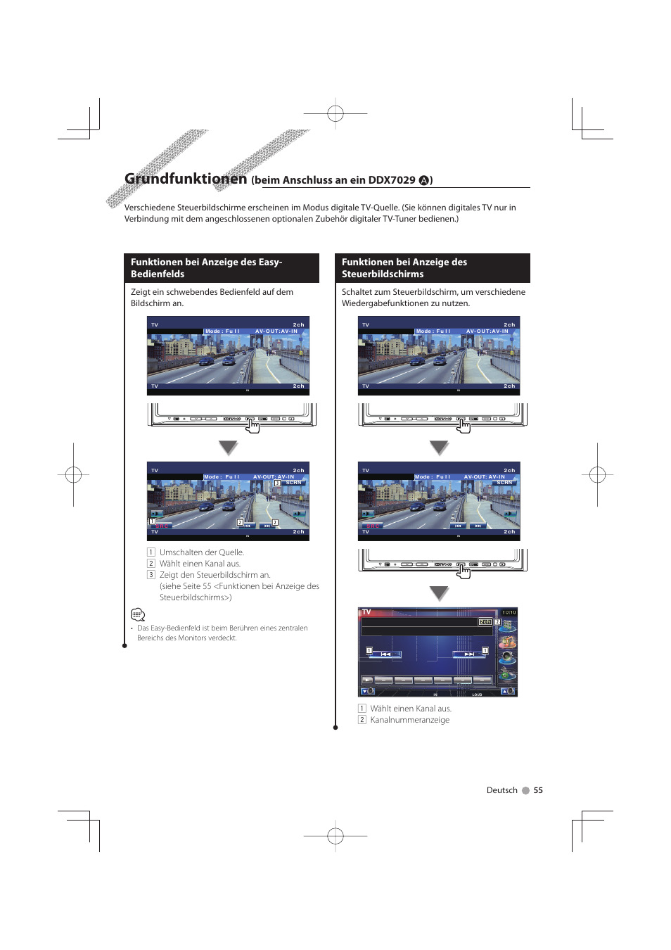 Grundfunktionen, Beim anschluss an ein ddx7029 å ), Funktionen bei anzeige des easy- bedienfelds | Funktionen bei anzeige des steuerbildschirms, Deutsch 55, 1 wählt einen kanal aus. 2 kanalnummeranzeige | Kenwood KTC-D500E User Manual | Page 55 / 172