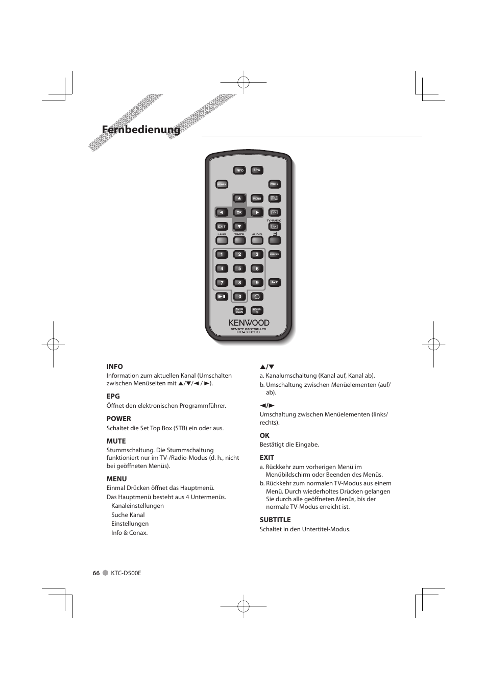 Fernbedienung, Info, Power | Mute, Menu, Exit, Subtitle | Kenwood KTC-D500E User Manual | Page 66 / 172