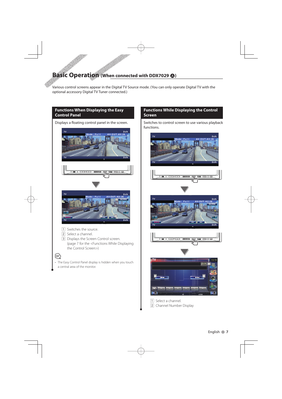 Basic operation, When connected with ddx7029 е ), Functions when displaying the easy control panel | Functions while displaying the control screen, Displays a floating control panel in the screen, 1 select a channel. 2 channel number display | Kenwood KTC-D500E User Manual | Page 7 / 172
