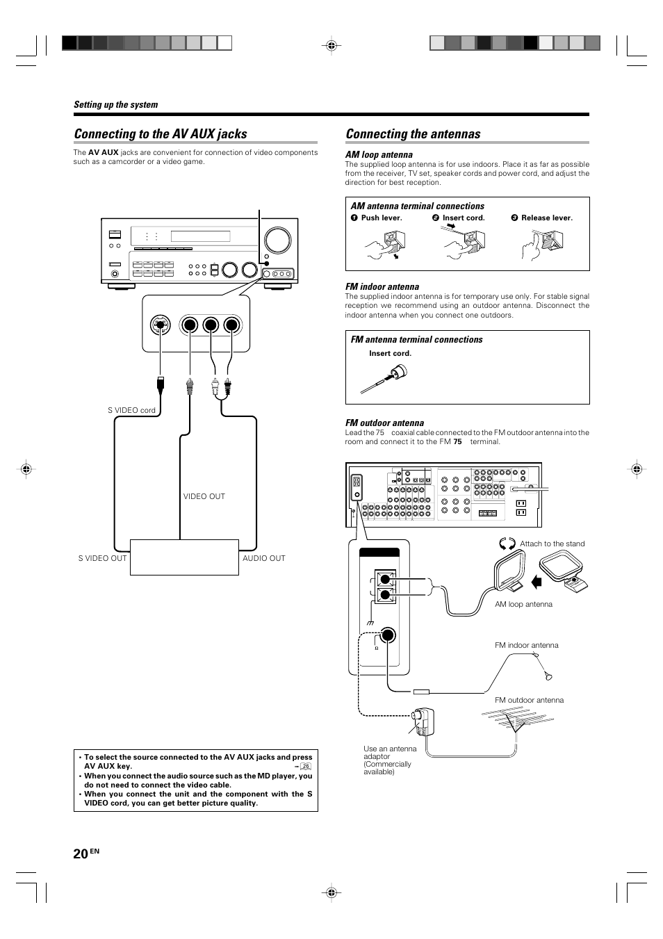 Connecting the antennas, Connecting to the av aux jacks | Kenwood KRF-X9060D User Manual | Page 20 / 52