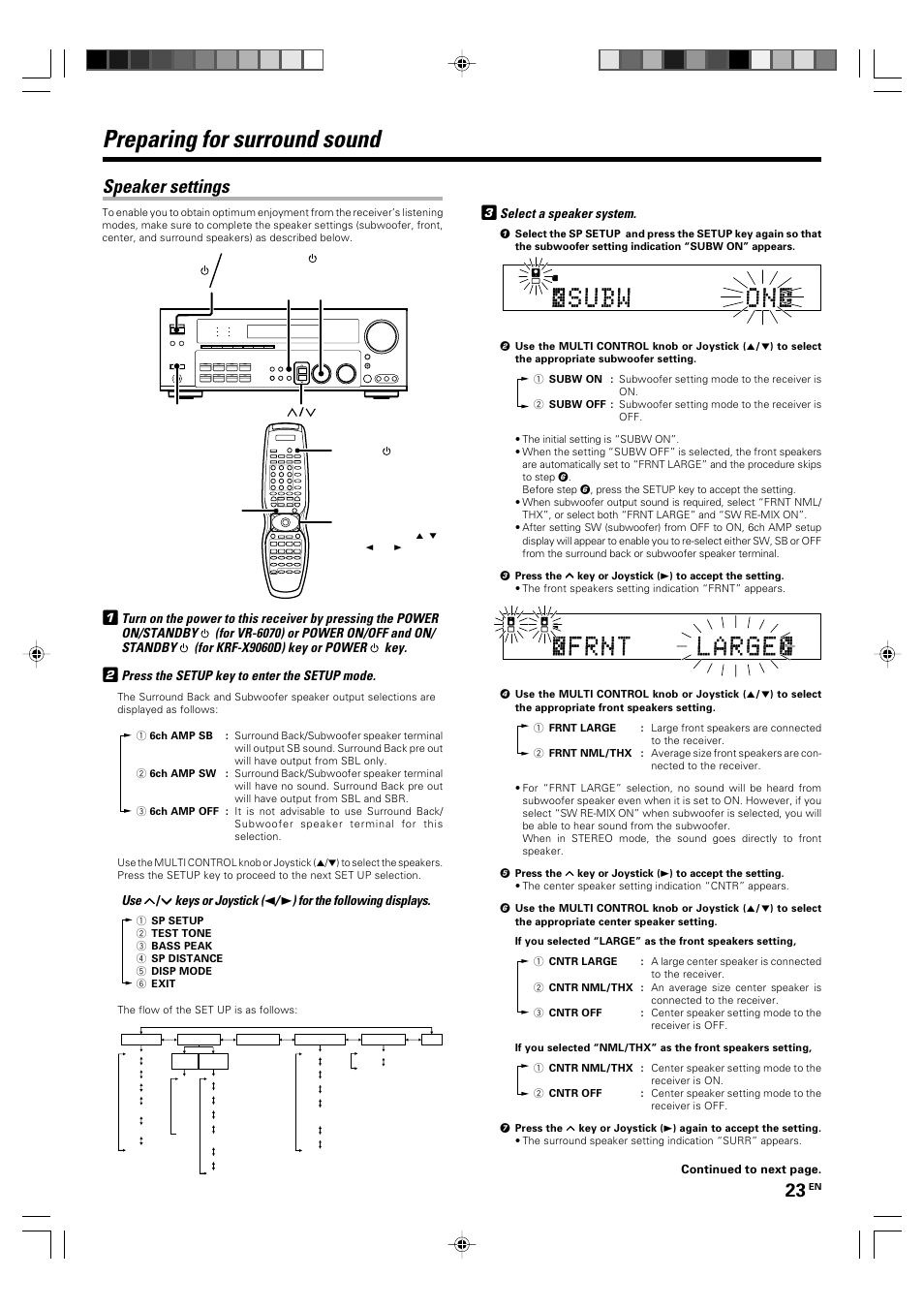 Preparing for surround sound, Speaker settings, Press the setup key to enter the setup mode | Keys or joystick, For the following displays, Select a speaker system, Setup multi control power on/off, Power set up joystick, Power on/standby, On/standby | Kenwood KRF-X9060D User Manual | Page 23 / 52