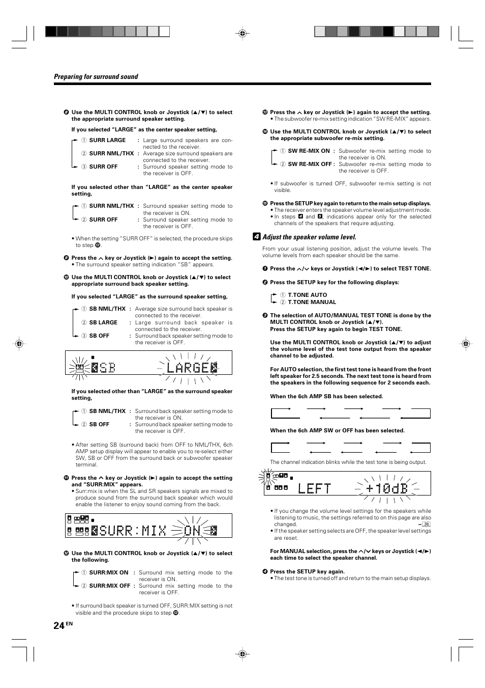 Preparing for surround sound, Adjust the speaker volume level | Kenwood KRF-X9060D User Manual | Page 24 / 52