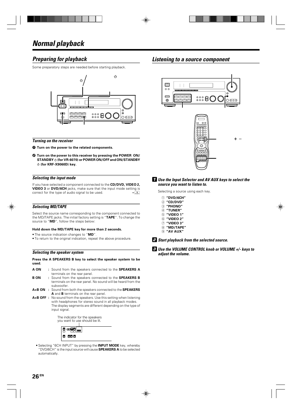 Operations, Normal playback, Listening to a source component | Preparing for playback, Start playback from the selected source, Turning on the receiver, Selecting the input mode, Selecting md/tape, Selecting the speaker system | Kenwood KRF-X9060D User Manual | Page 26 / 52