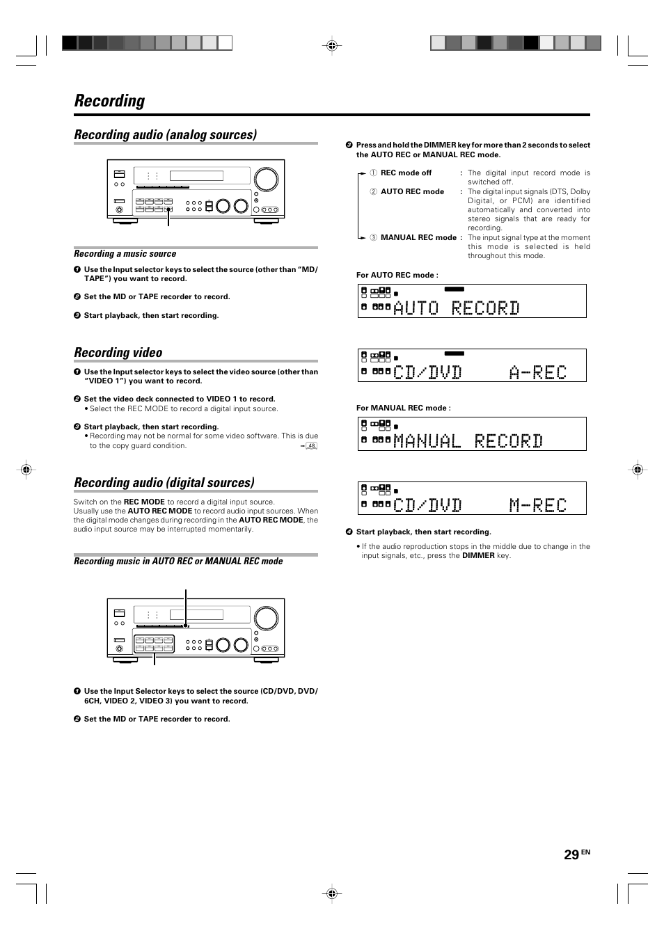 Recording, Recording audio (analog sources), Recording video | Recording audio (digital sources), Recording a music source, Recording music in auto rec or manual rec mode, Md/tape, Input selector dimmer, For manual rec mode | Kenwood KRF-X9060D User Manual | Page 29 / 52