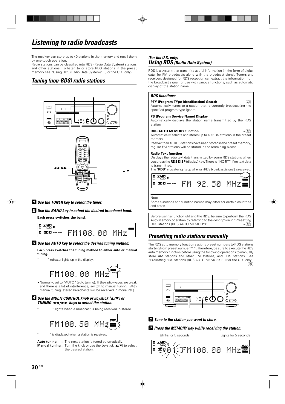 Listening to radio broadcasts, Using rds, Presetting radio stations manually | Tuning (non-rds) radio stations, Radio data system), For the u.k. only), Rds functions, Tune to the station you want to store, Use the tuner key to select the tuner, Use the multi control knob or joystick | Kenwood KRF-X9060D User Manual | Page 30 / 52