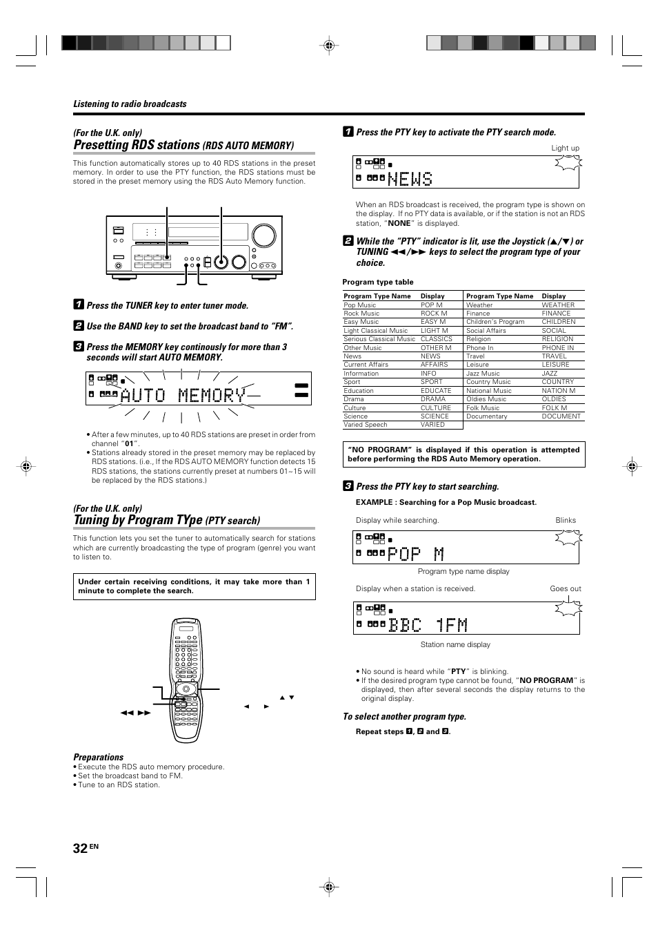 Presetting rds stations, Tuning by program type, Pty search) | For the u.k. only), Press the tuner key to enter tuner mode, Use the band key to set the broadcast band to “fm, Preparations, Press the pty key to activate the pty search mode, While the “pty” indicator is lit, use the joystick, Or tuning | Kenwood KRF-X9060D User Manual | Page 32 / 52