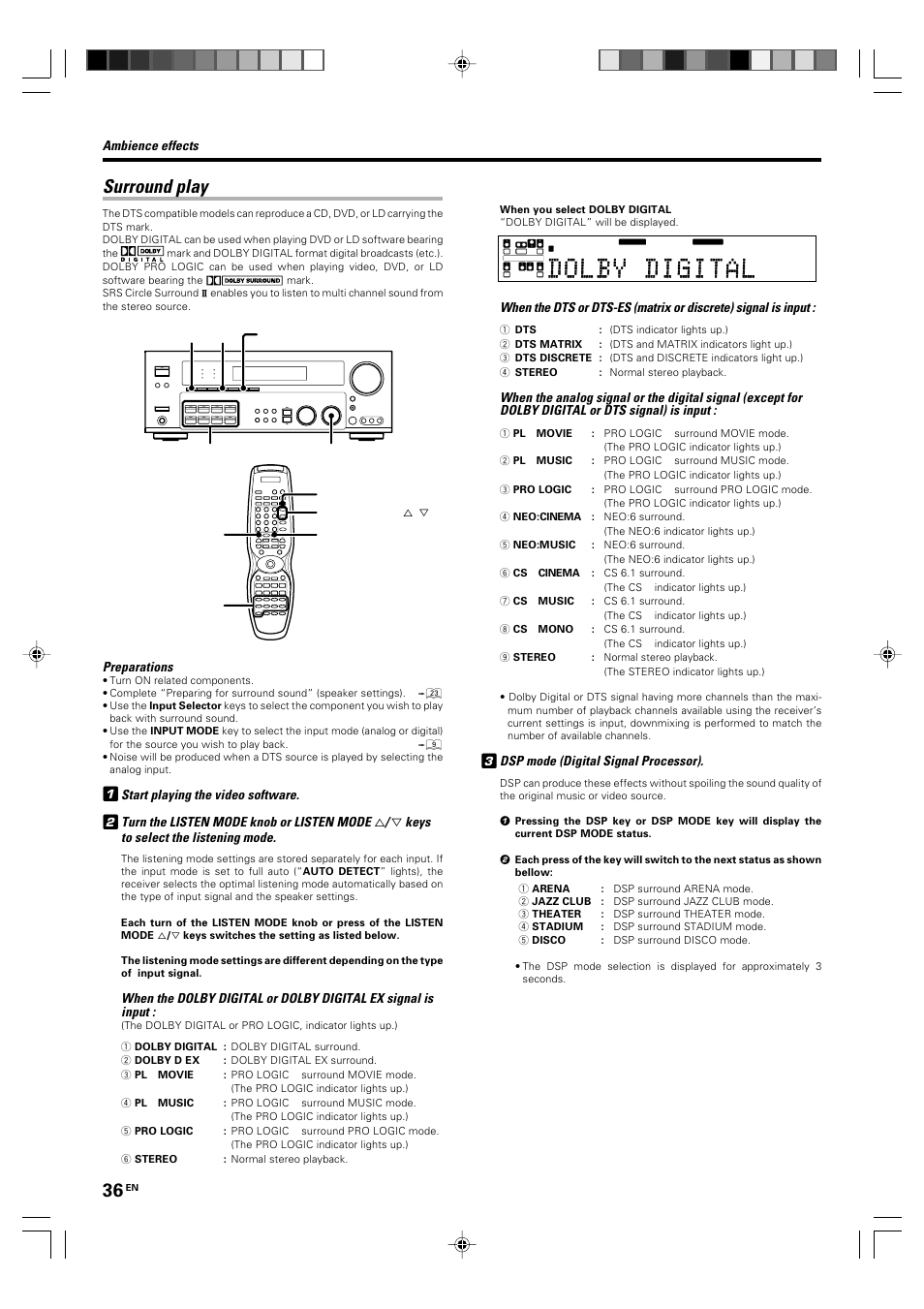 Surround play, Dsp mode (digital signal processor), Preparations | Start playing the video software, Turn the listen mode knob or listen mode, Keys to select the listening mode, Ambience effects | Kenwood KRF-X9060D User Manual | Page 36 / 52