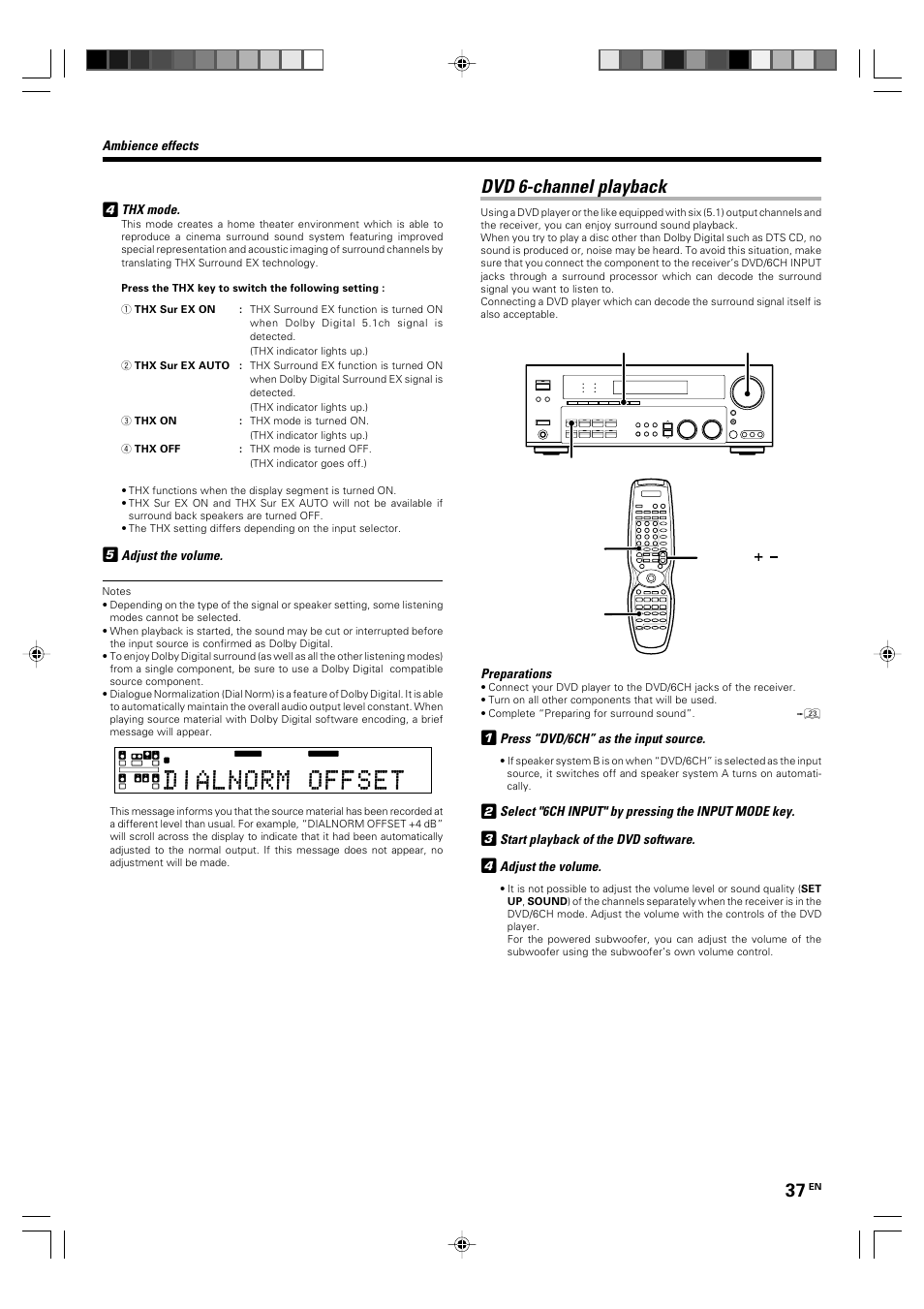 Dvd 6-channel playback, Ambience effects, Thx mode | Adjust the volume, Preparations, Press “dvd/6ch” as the input source, Select "6ch input" by pressing the input mode key, Start playback of the dvd software | Kenwood KRF-X9060D User Manual | Page 37 / 52