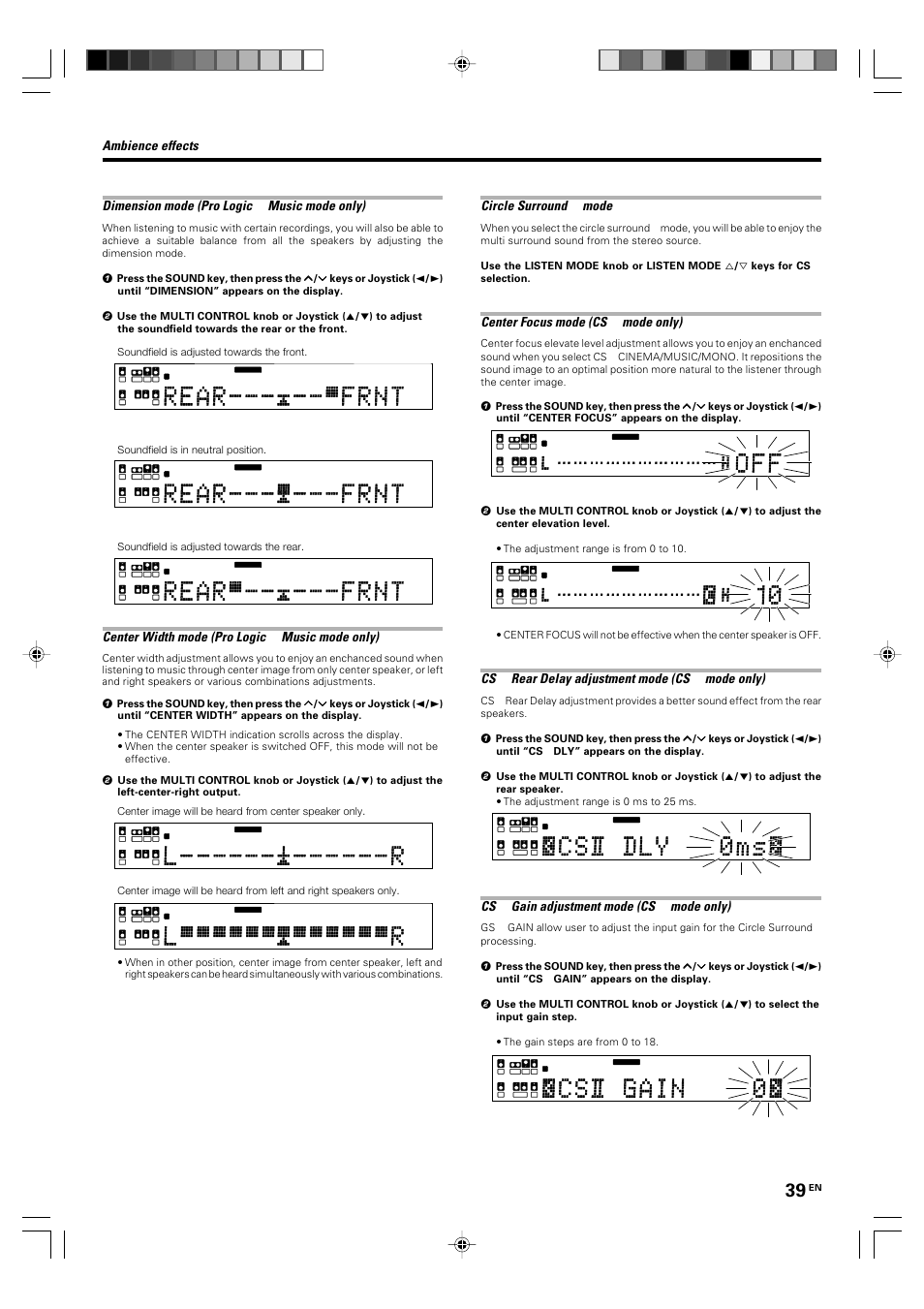 Ambience effects dimension mode (pro logic, Music mode only), Center width mode (pro logic | Circle surround, Mode, Center focus mode (cs, Mode only), Rear delay adjustment mode (cs, Gain adjustment mode (cs, Soundfield is in neutral position | Kenwood KRF-X9060D User Manual | Page 39 / 52