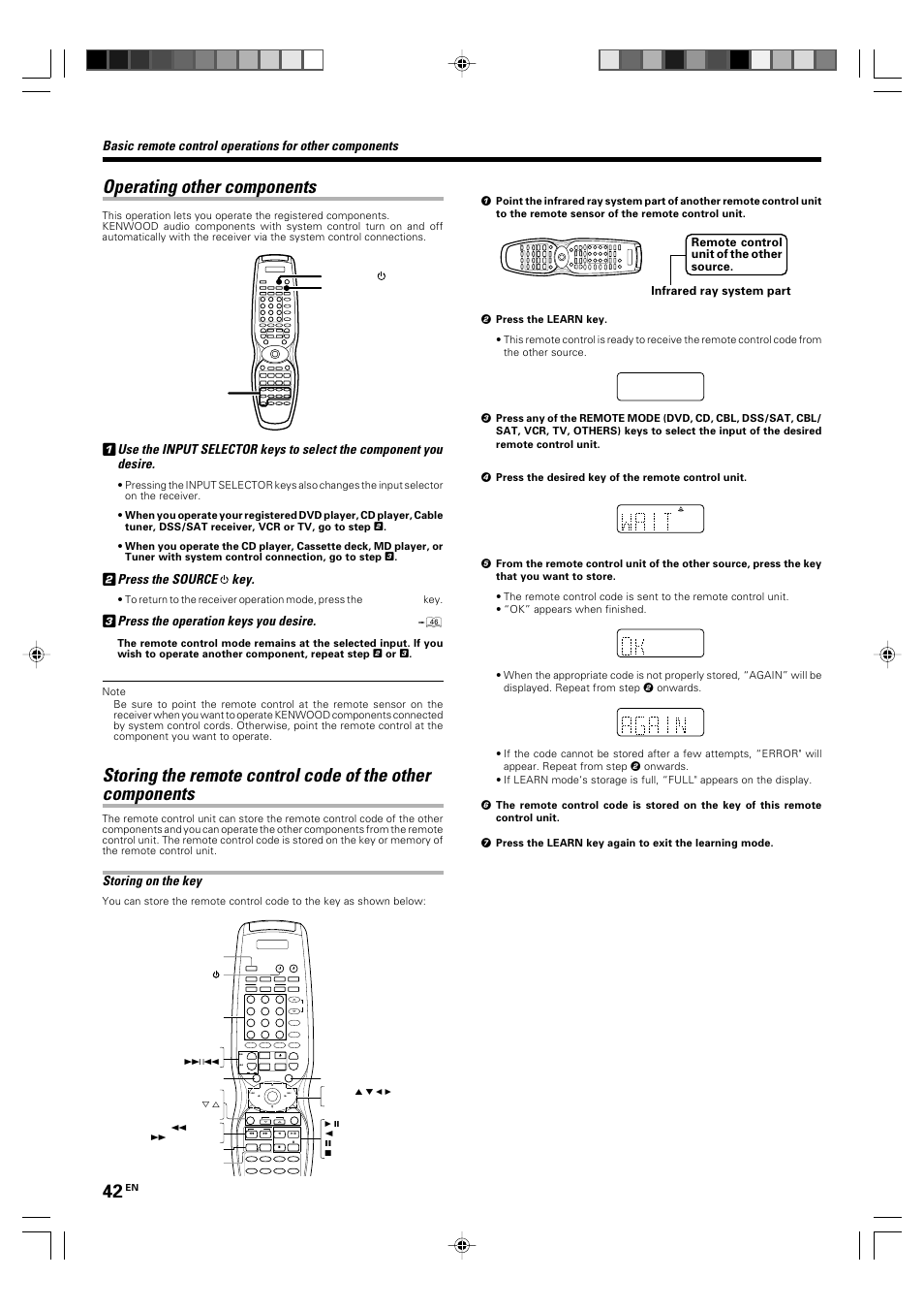 Operating other components, Press the source key, Press the operation keys you desire | Storing on the key, Source receiver input selector | Kenwood KRF-X9060D User Manual | Page 42 / 52