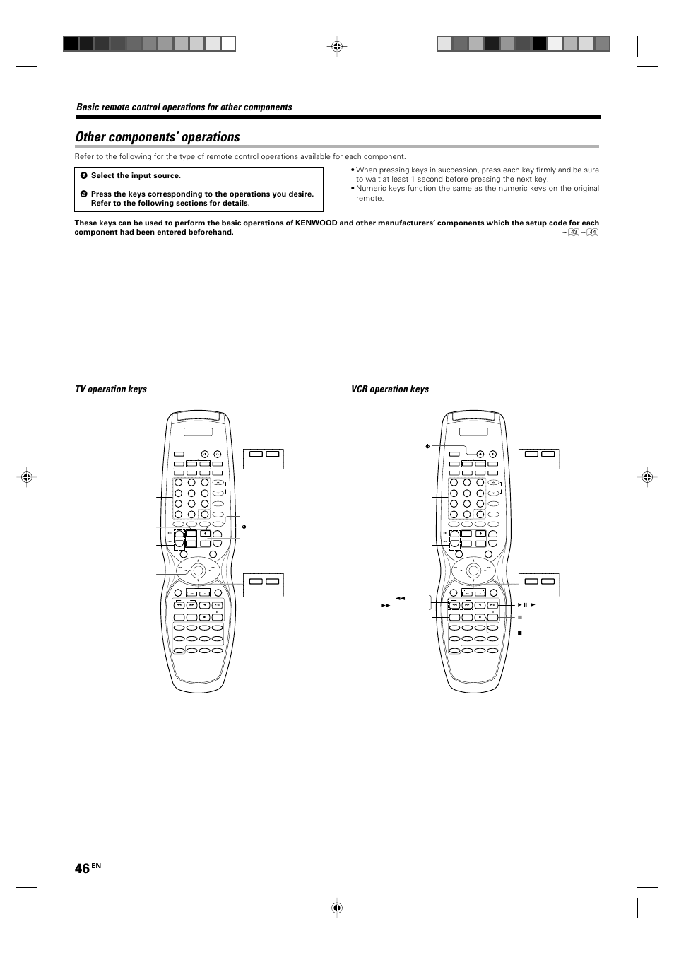 Other components’ operations, Tv operation keys vcr operation keys, For rc-r0815 only) | Kenwood KRF-X9060D User Manual | Page 46 / 52