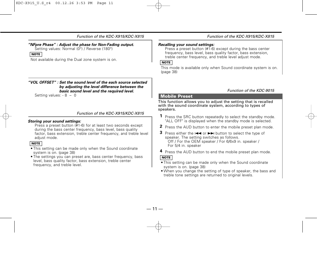 Mobile preset | Kenwood eXcelon KDC-X915 User Manual | Page 11 / 52