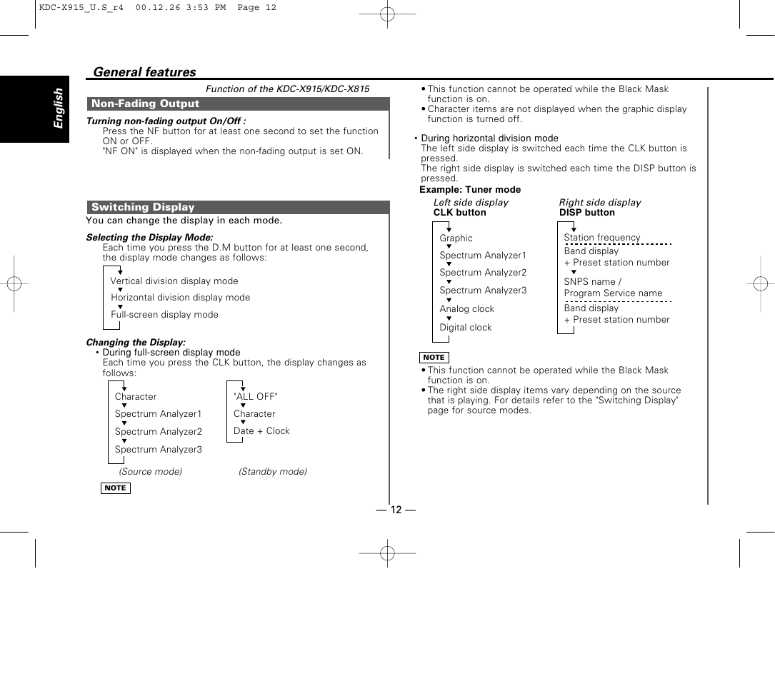 Non-fading output, Switching display, General features | Kenwood eXcelon KDC-X915 User Manual | Page 12 / 52