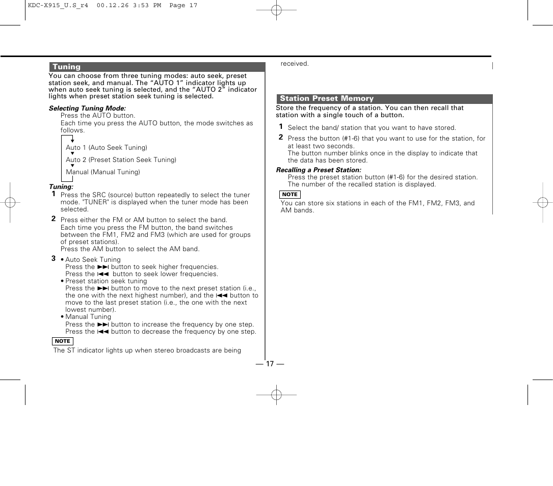 Tuning, Station preset memory | Kenwood eXcelon KDC-X915 User Manual | Page 17 / 52