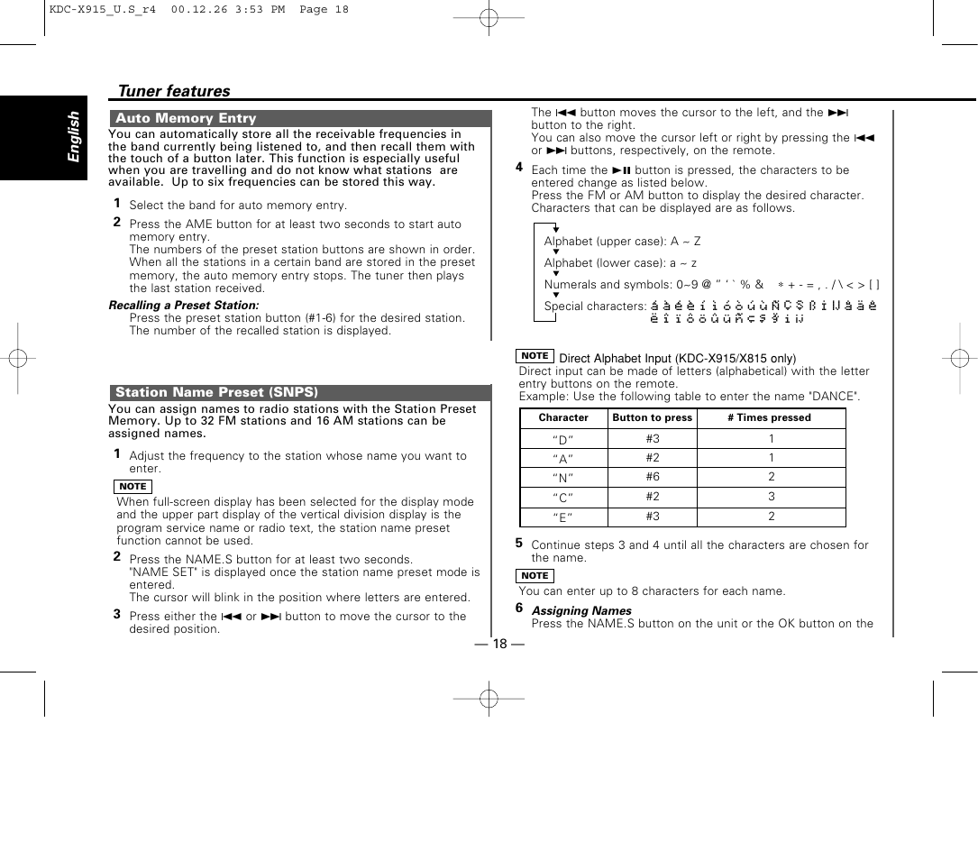 Auto memory entry, Station name preset (snps), Tuner features | Kenwood eXcelon KDC-X915 User Manual | Page 18 / 52