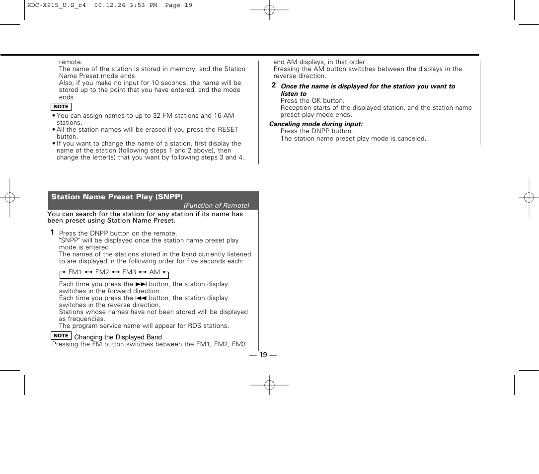 Station name preset play (snpp) | Kenwood eXcelon KDC-X915 User Manual | Page 19 / 52