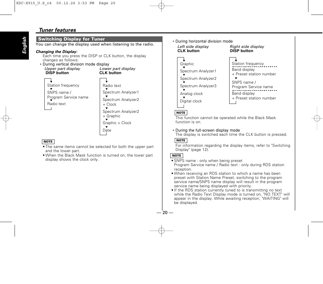 Switching display for tuner, Tuner features | Kenwood eXcelon KDC-X915 User Manual | Page 20 / 52