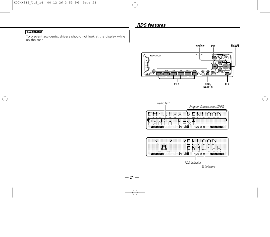 Rds features | Kenwood eXcelon KDC-X915 User Manual | Page 21 / 52
