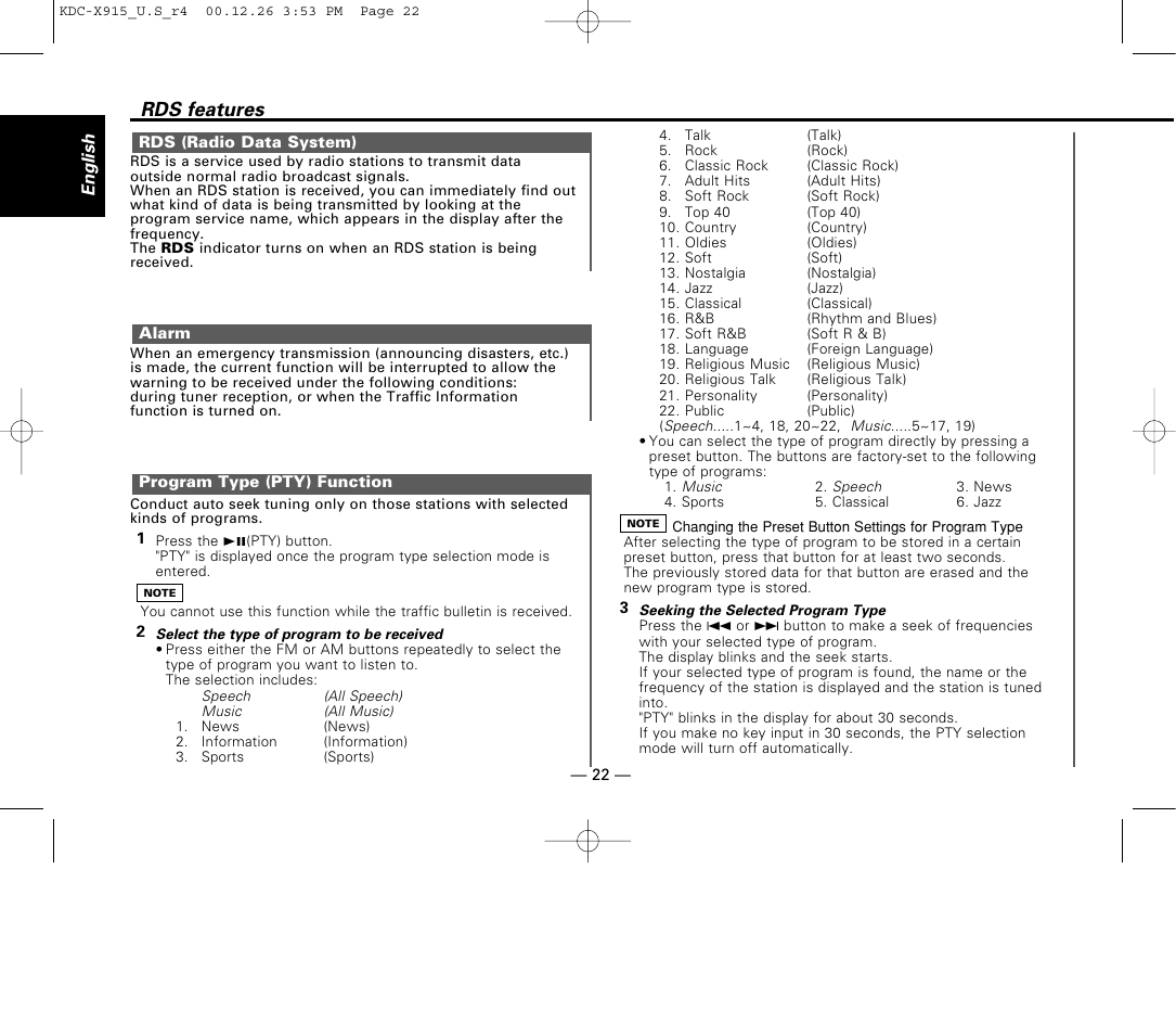 Rds (radio data system), Alarm, Program type (pty) function | Rds features | Kenwood eXcelon KDC-X915 User Manual | Page 22 / 52