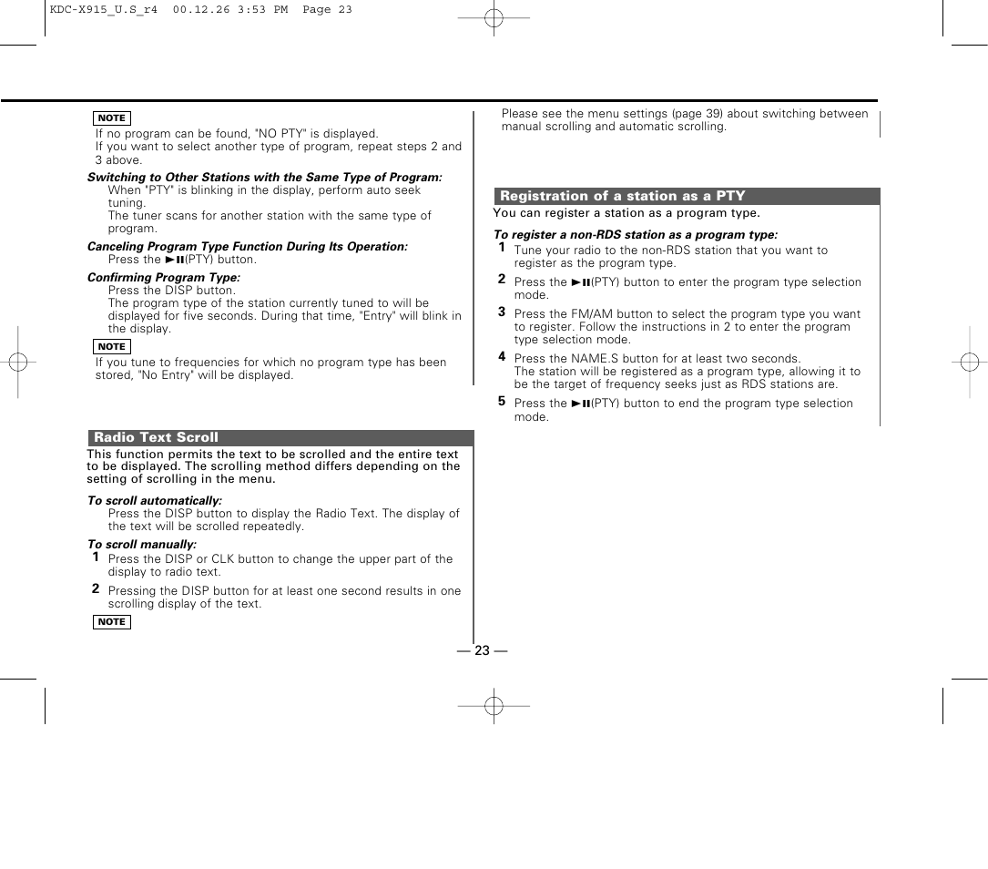 Radio text scroll, Registration of a station as a pty | Kenwood eXcelon KDC-X915 User Manual | Page 23 / 52
