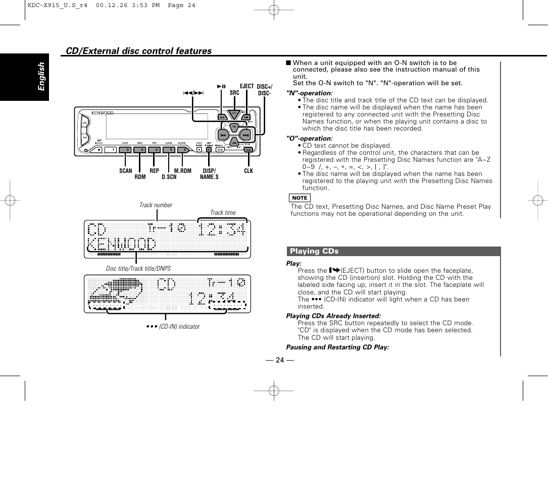 Cd/external disc control features, Playing cds | Kenwood eXcelon KDC-X915 User Manual | Page 24 / 52