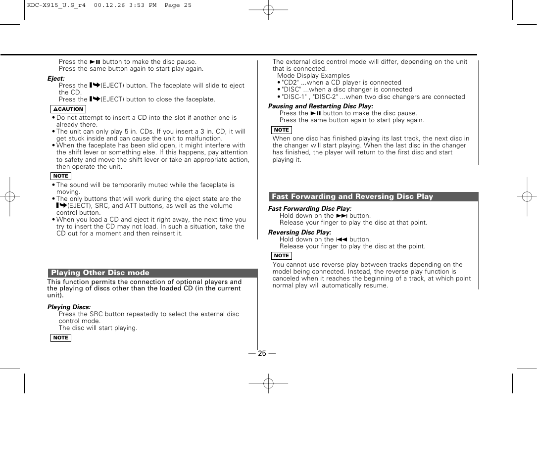 Playing other disc mode, Fast forwarding and reversing disc play | Kenwood eXcelon KDC-X915 User Manual | Page 25 / 52