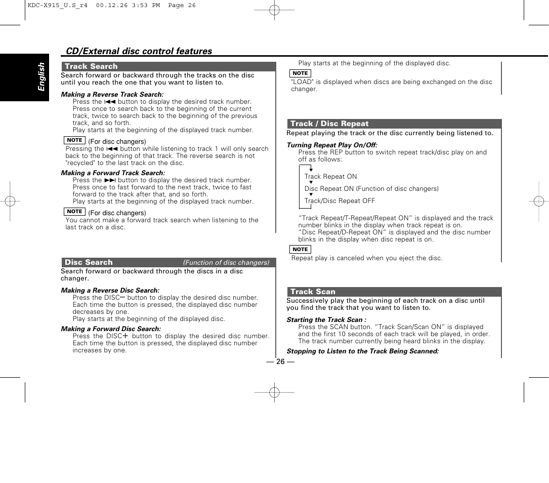 Track search, Disc search, Track / disc repeat | Track scan, Cd/external disc control features | Kenwood eXcelon KDC-X915 User Manual | Page 26 / 52