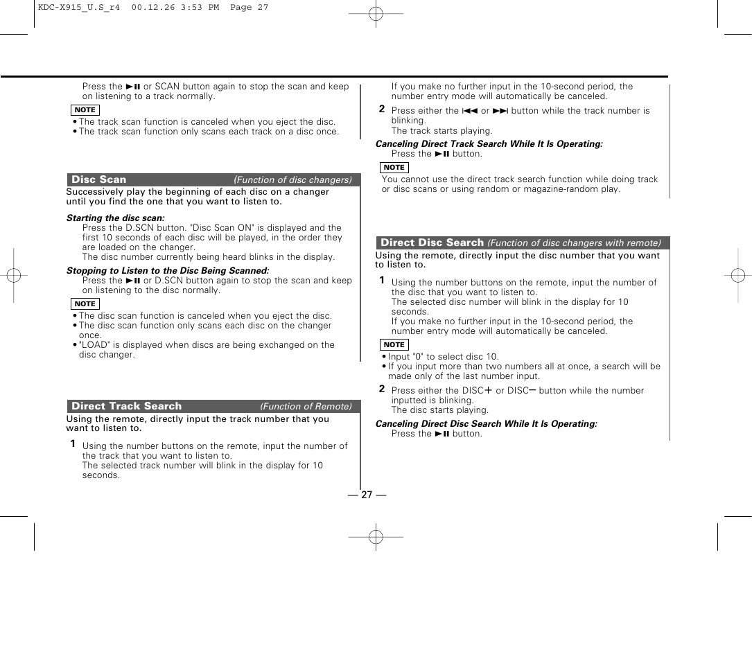 Disc scan, Direct track search, Direct disc search | Kenwood eXcelon KDC-X915 User Manual | Page 27 / 52