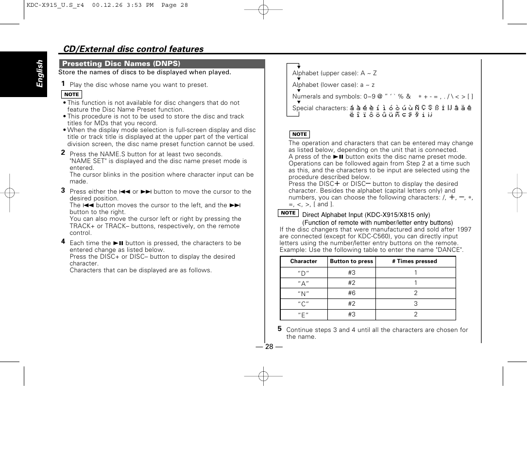 Presetting disc names (dnps), Cd/external disc control features | Kenwood eXcelon KDC-X915 User Manual | Page 28 / 52