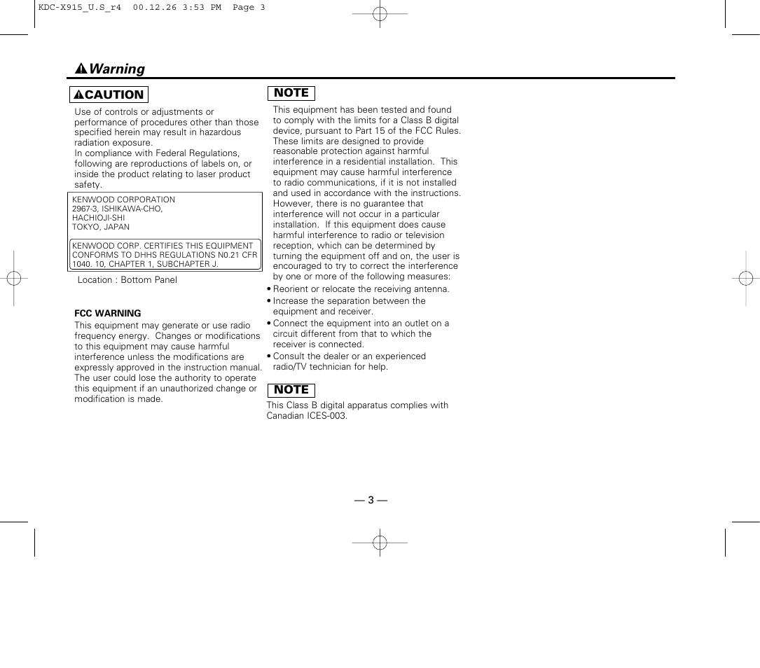 Warning, 2 warning | Kenwood eXcelon KDC-X915 User Manual | Page 3 / 52