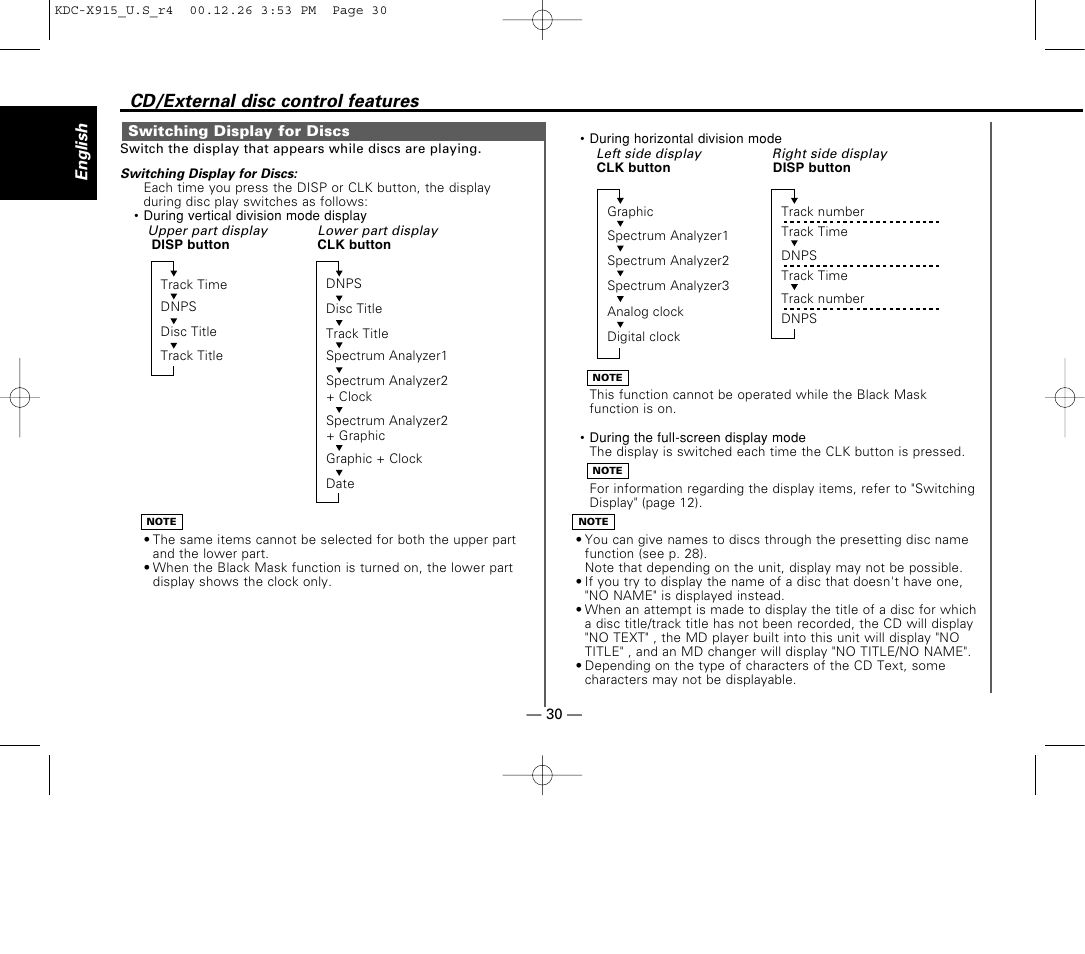 Switching display for discs, Cd/external disc control features | Kenwood eXcelon KDC-X915 User Manual | Page 30 / 52