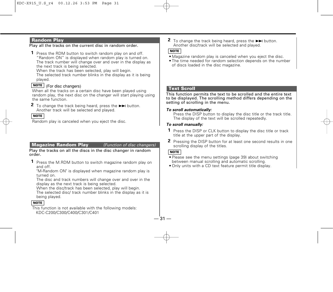 Random play, Magazine random play, Textscroll | Kenwood eXcelon KDC-X915 User Manual | Page 31 / 52