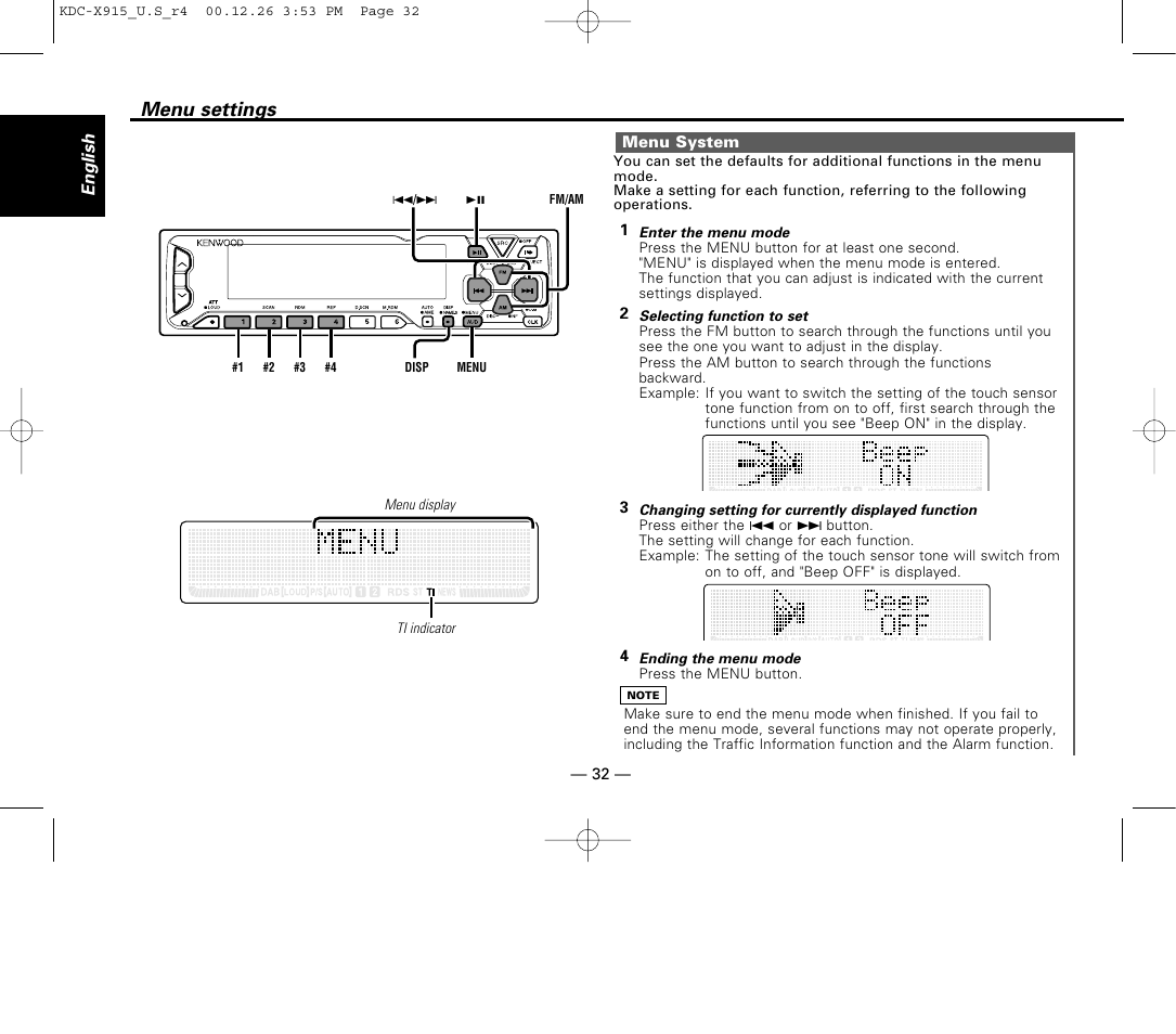Menu settings, Menu system | Kenwood eXcelon KDC-X915 User Manual | Page 32 / 52