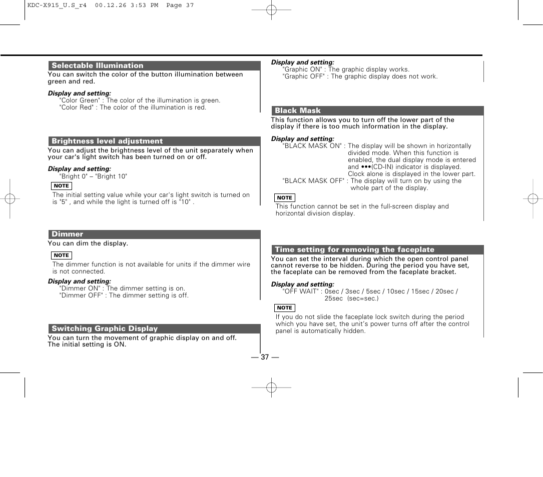 Selectable illumination, Brightness level adjustment, Dimmer | Switching graphic display, Black mask, Time setting for removing the faceplate | Kenwood eXcelon KDC-X915 User Manual | Page 37 / 52