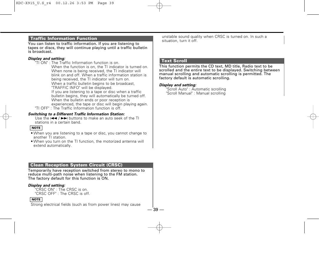 Traffic information function, Clean reception system circuit (crsc), Text scroll | Kenwood eXcelon KDC-X915 User Manual | Page 39 / 52