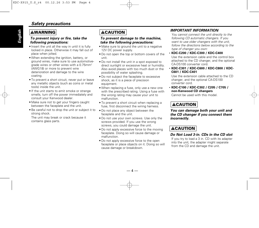 Safety precautions | Kenwood eXcelon KDC-X915 User Manual | Page 4 / 52