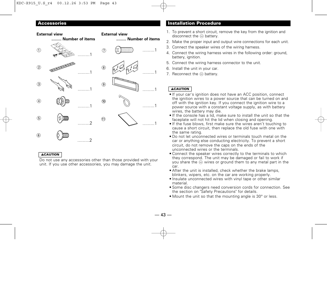 Installation, Accessories, Installation procedure | Kenwood eXcelon KDC-X915 User Manual | Page 43 / 52