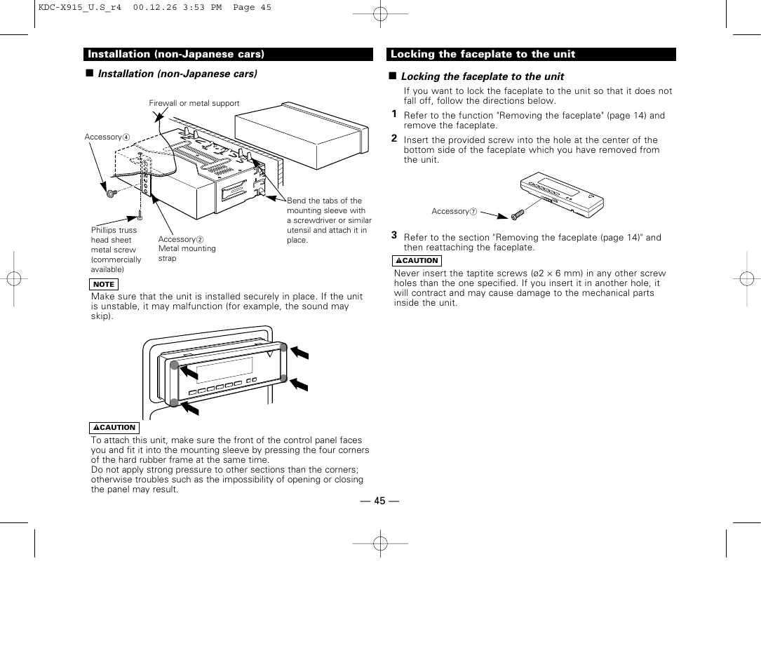 Installation (non-japanese cars), Locking the faceplate to the unit | Kenwood eXcelon KDC-X915 User Manual | Page 45 / 52
